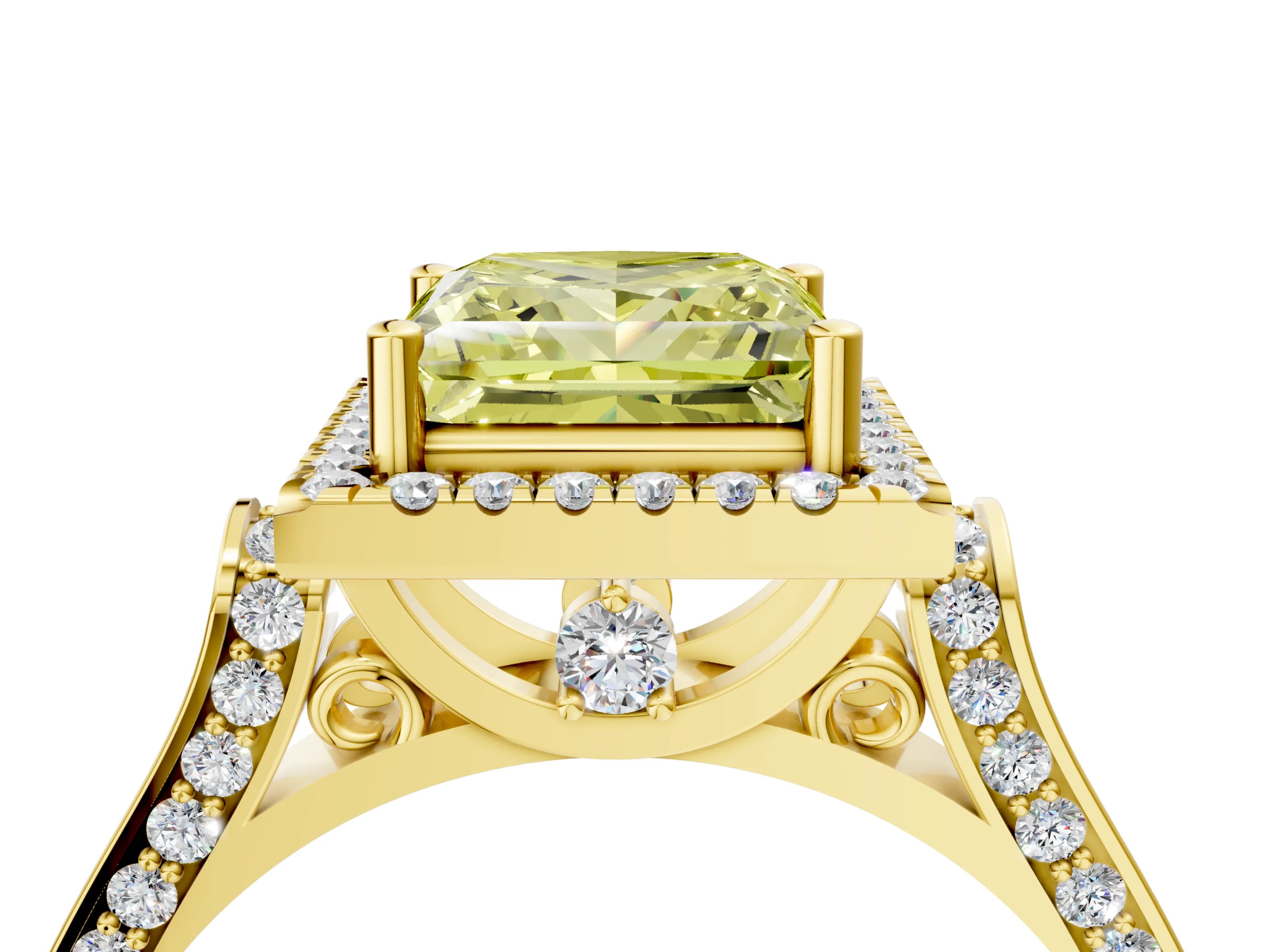 Yellow gold Fancy Yellow Princess Cut Halo Round Diamond Twist Band with Four-Prong Setting_4