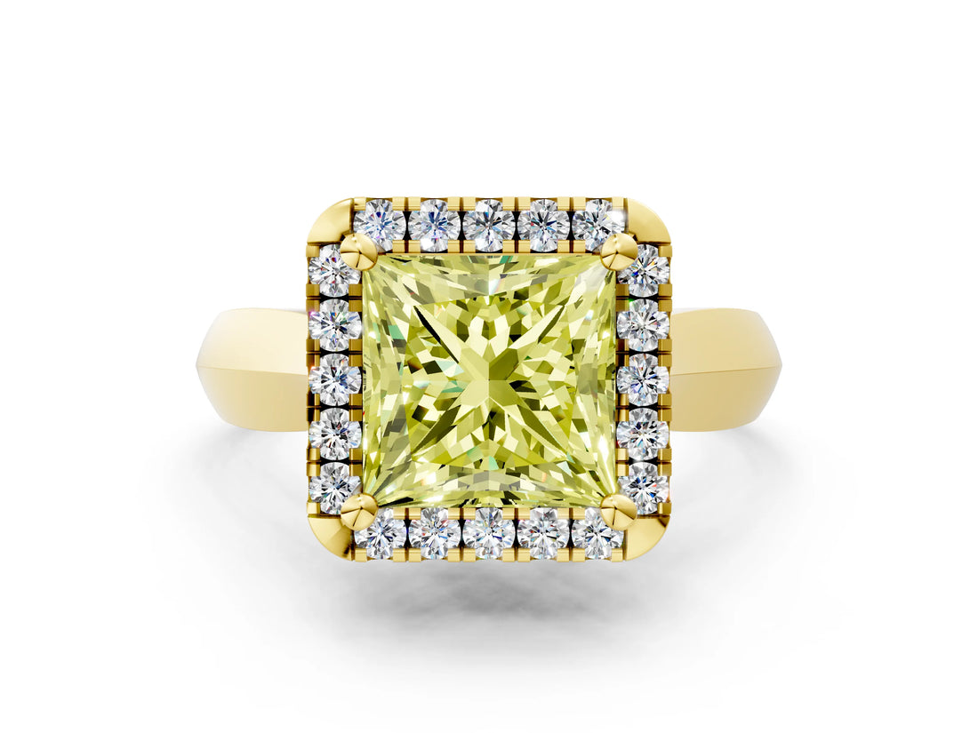 Yellow gold Fancy Yellow Princess  Cut Halo Solitaire Engagement Ring with Square Band and Four-Prong Setting_66