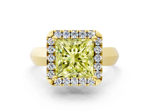 Yellow gold Fancy Yellow Princess  Cut Halo Solitaire Engagement Ring with Square Band and Four-Prong Setting