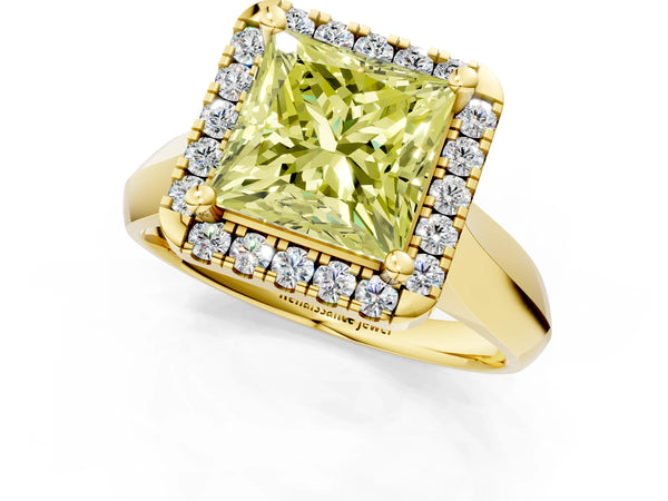 Yellow gold Fancy Yellow Princess  Cut Halo Solitaire Engagement Ring with Square Band and Four-Prong Setting