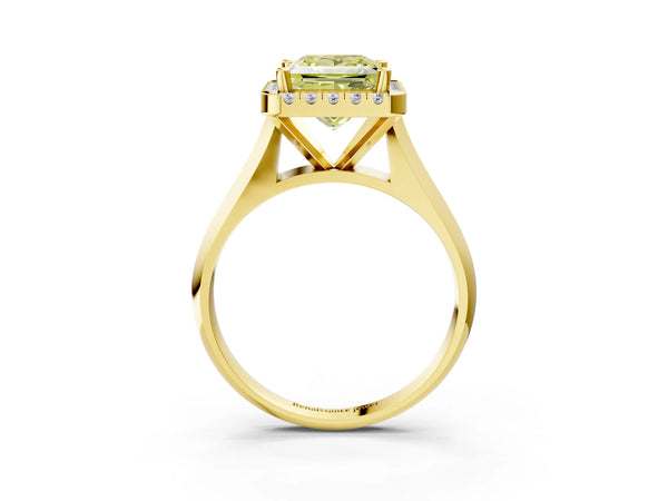 Yellow gold Fancy Yellow Princess  Cut Halo Solitaire Engagement Ring with Square Band and Four-Prong Setting