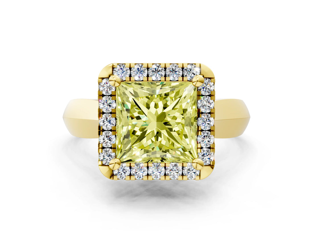 Yellow gold Fancy Yellow Princess  Cut Halo Solitaire Engagement Ring with Square Band and Four-Prong Setting_77