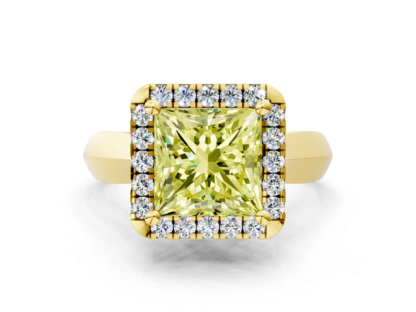 Yellow gold Fancy Yellow Princess  Cut Halo Solitaire Engagement Ring with Square Band and Four-Prong Setting