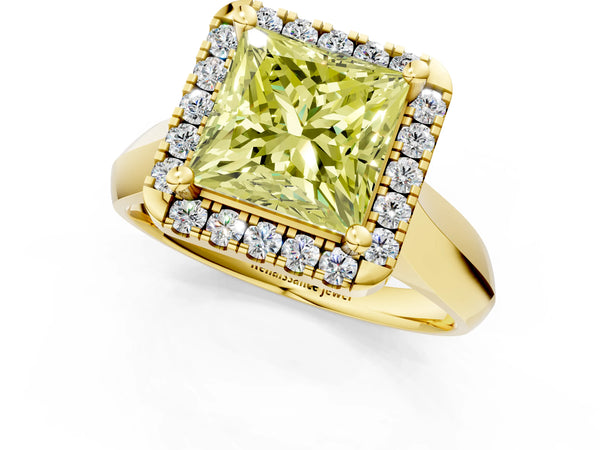 Yellow gold Fancy Yellow Princess  Cut Halo Solitaire Engagement Ring with Square Band and Four-Prong Setting
