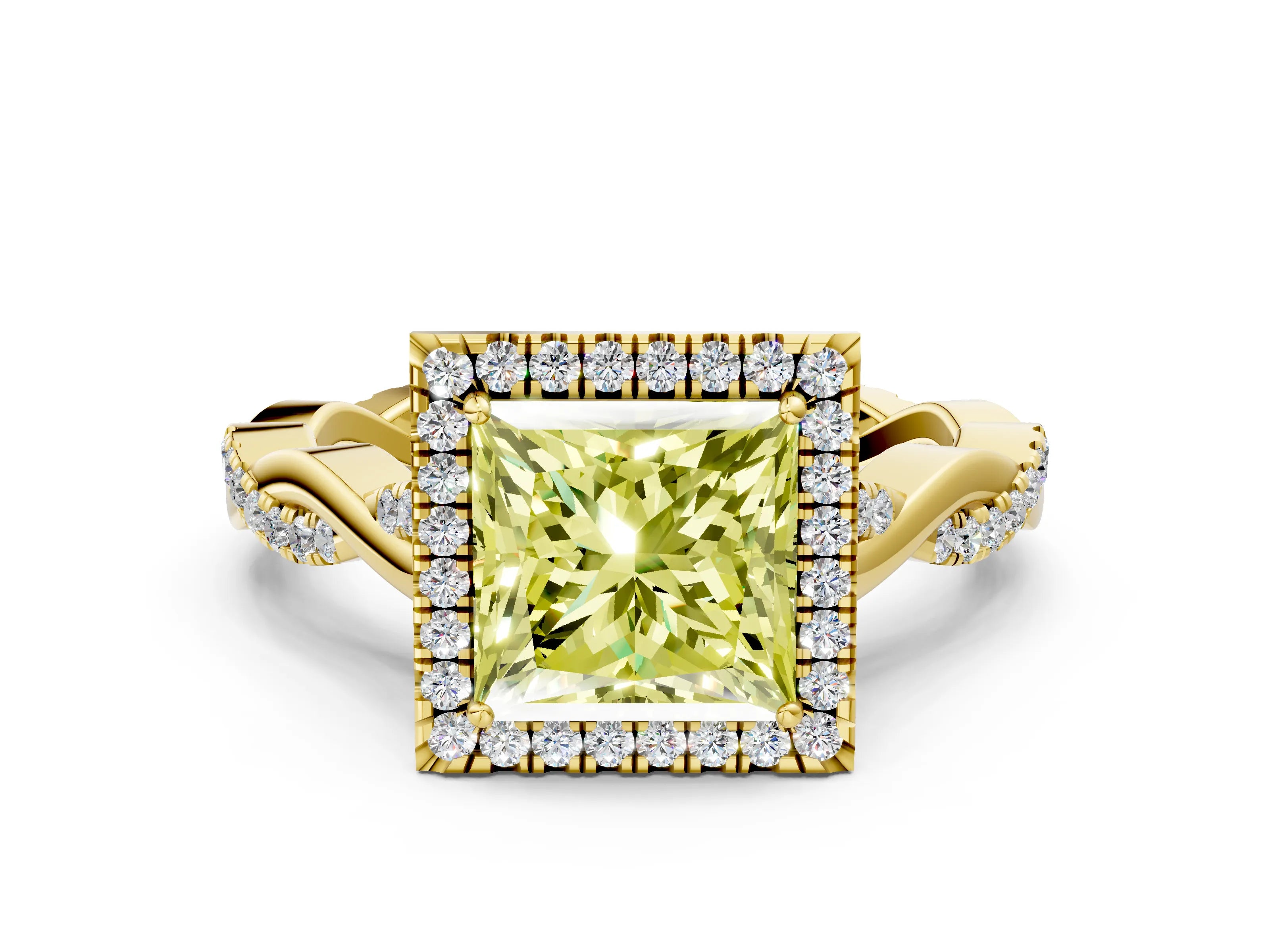 Yellow gold Fancy Yellow Princess Cut Halo Twist Band with Four-Prong Setting