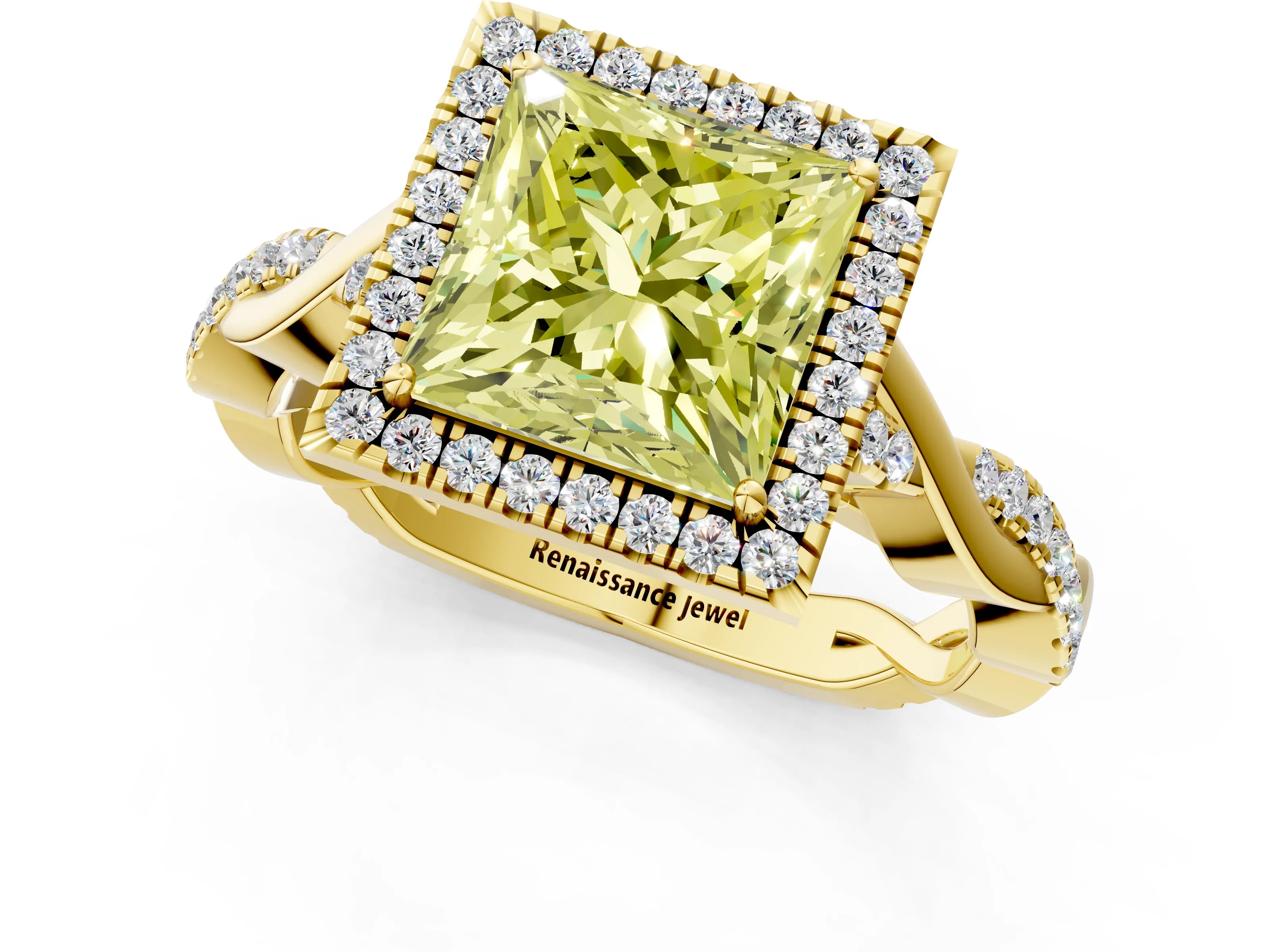 Yellow gold Fancy Yellow Princess Cut Halo Twist Band with Four-Prong Setting_1