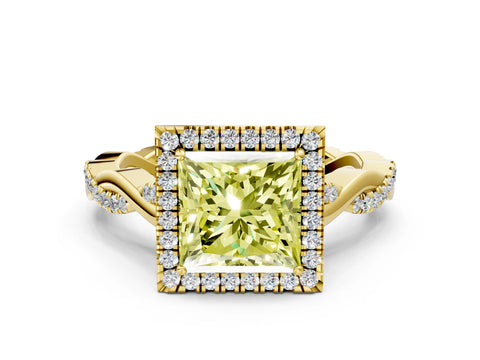 Yellow gold Fancy Yellow Princess Cut Halo Twist Band with Four-Prong Setting