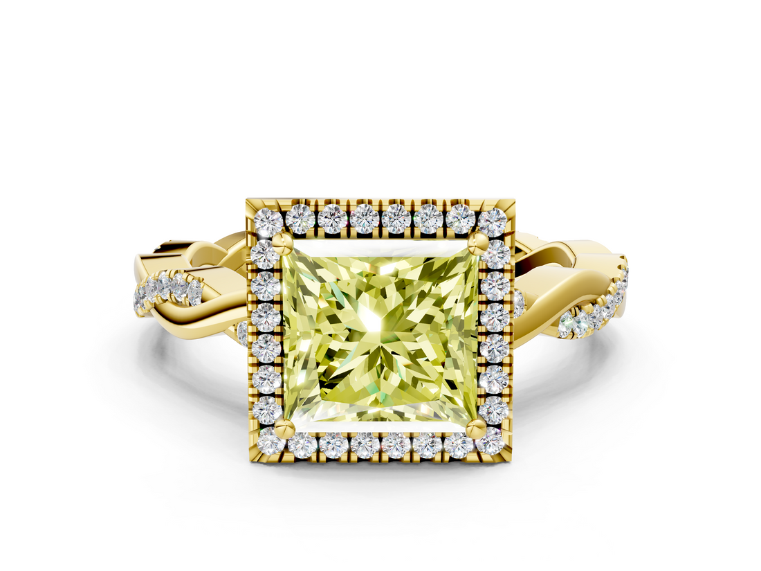 Yellow gold Fancy Yellow Princess  Cut Halo Twisted Band Four-Prong Ring