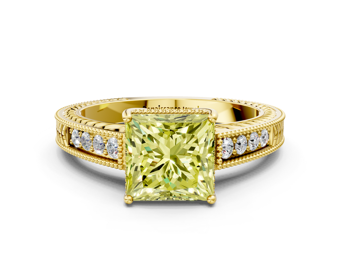 Yellow gold Fancy Yellow Princess  Cut Milgrain Channel Set Engagement Ring with Solitaire Prong Setting