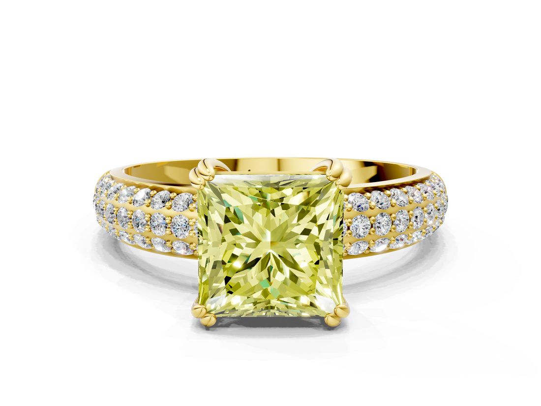 Yellow gold Fancy Yellow Princess  Cut Pave Diamond Engagement Ring with Channel Set Band and Four-Prong Setting