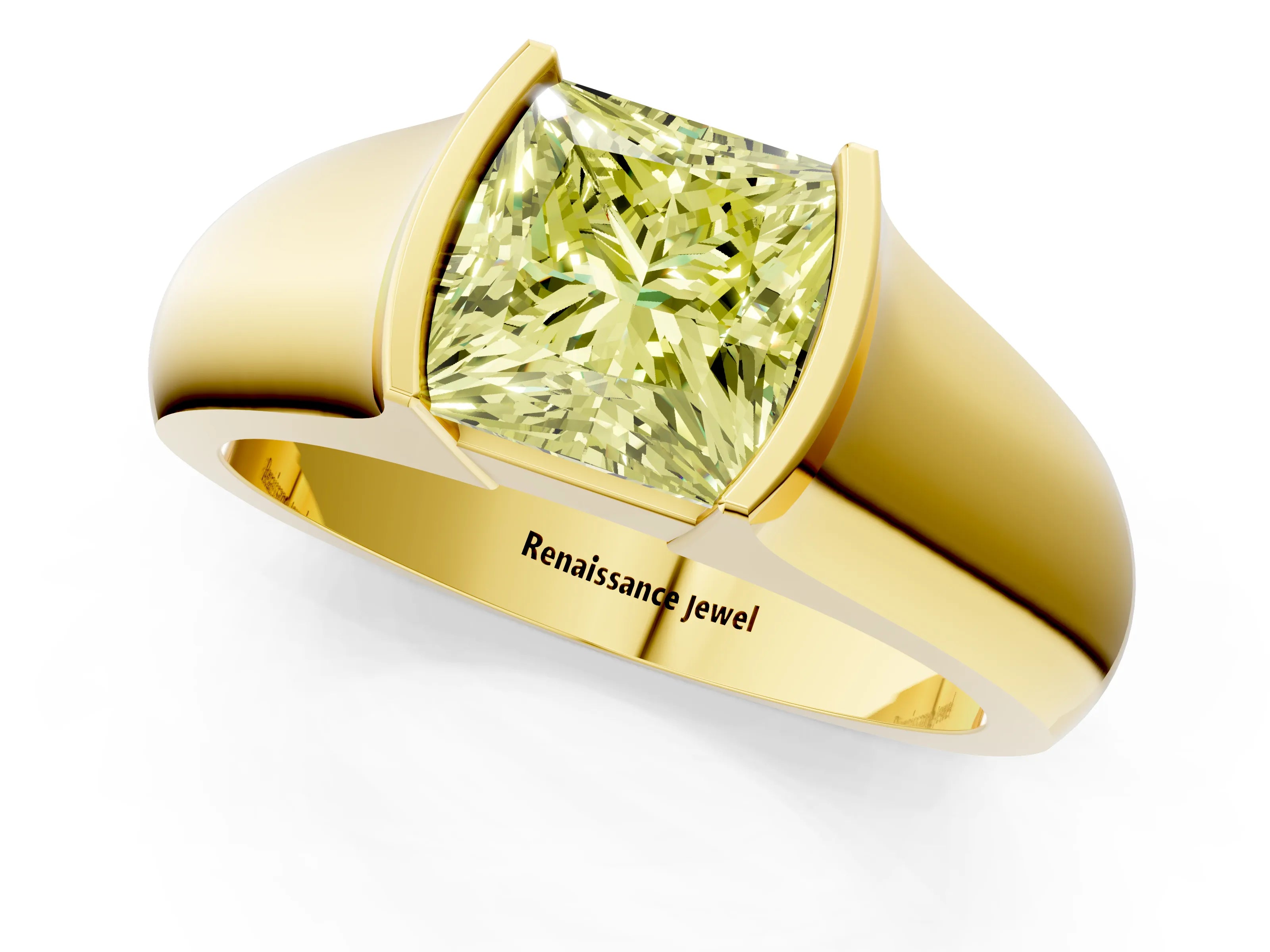 Yellow gold Fancy Yellow Princess Cut Solitaire Bezel Set Diamond Ring with Wide Band_1