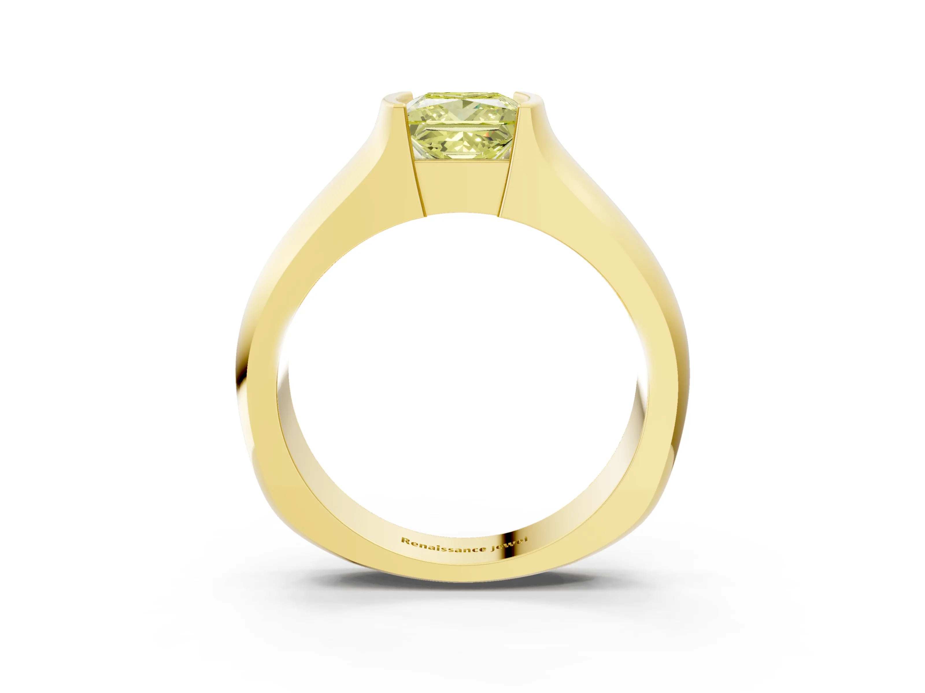Yellow gold Fancy Yellow Princess Cut Solitaire Bezel Set Diamond Ring with Wide Band_3