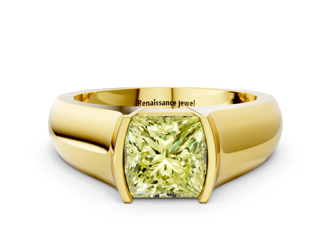 Yellow gold Fancy Yellow Princess Cut Solitaire Bezel Set Diamond Ring with Wide Band
