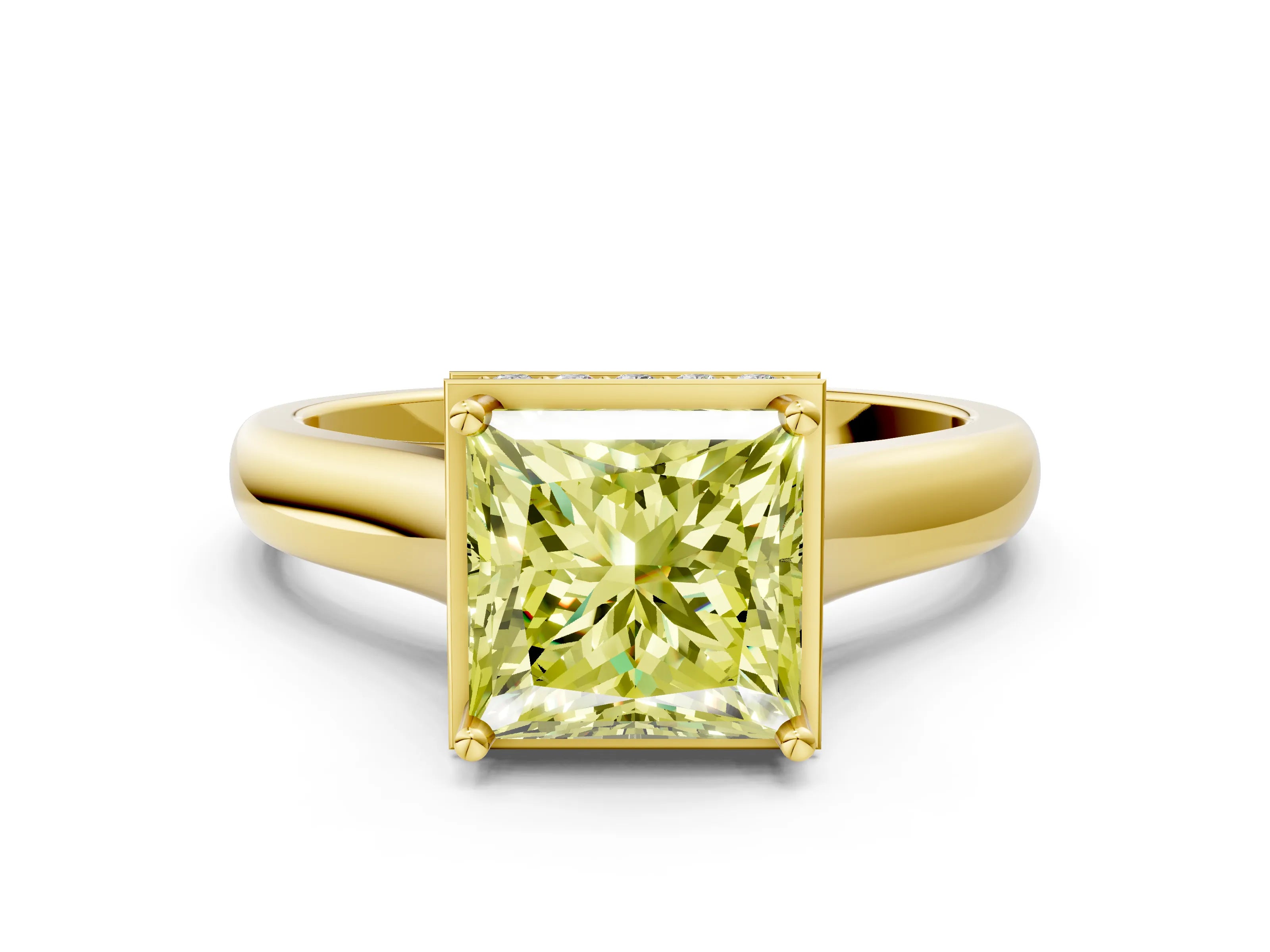 Yellow gold Fancy Yellow Princess Cut Solitaire Diamond Engagement Ring with Four-Prong Setting and Tapered Band