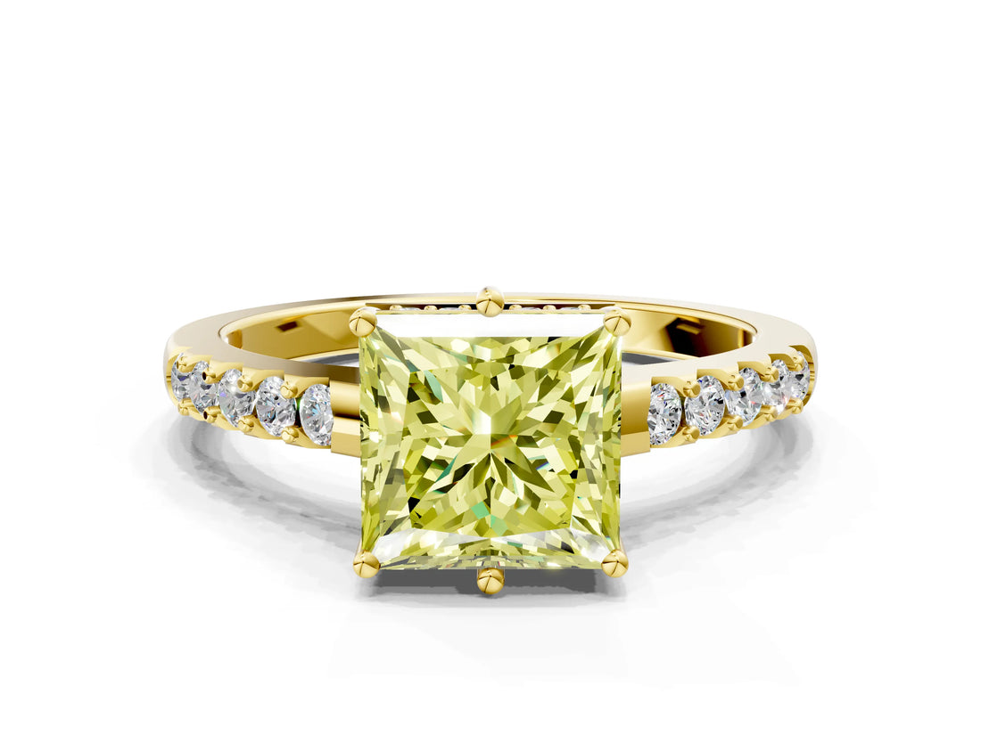 Yellow gold Fancy Yellow Princess Cut Solitaire Diamond Engagement Ring with Pavé Band and Six-Prong Setting_12