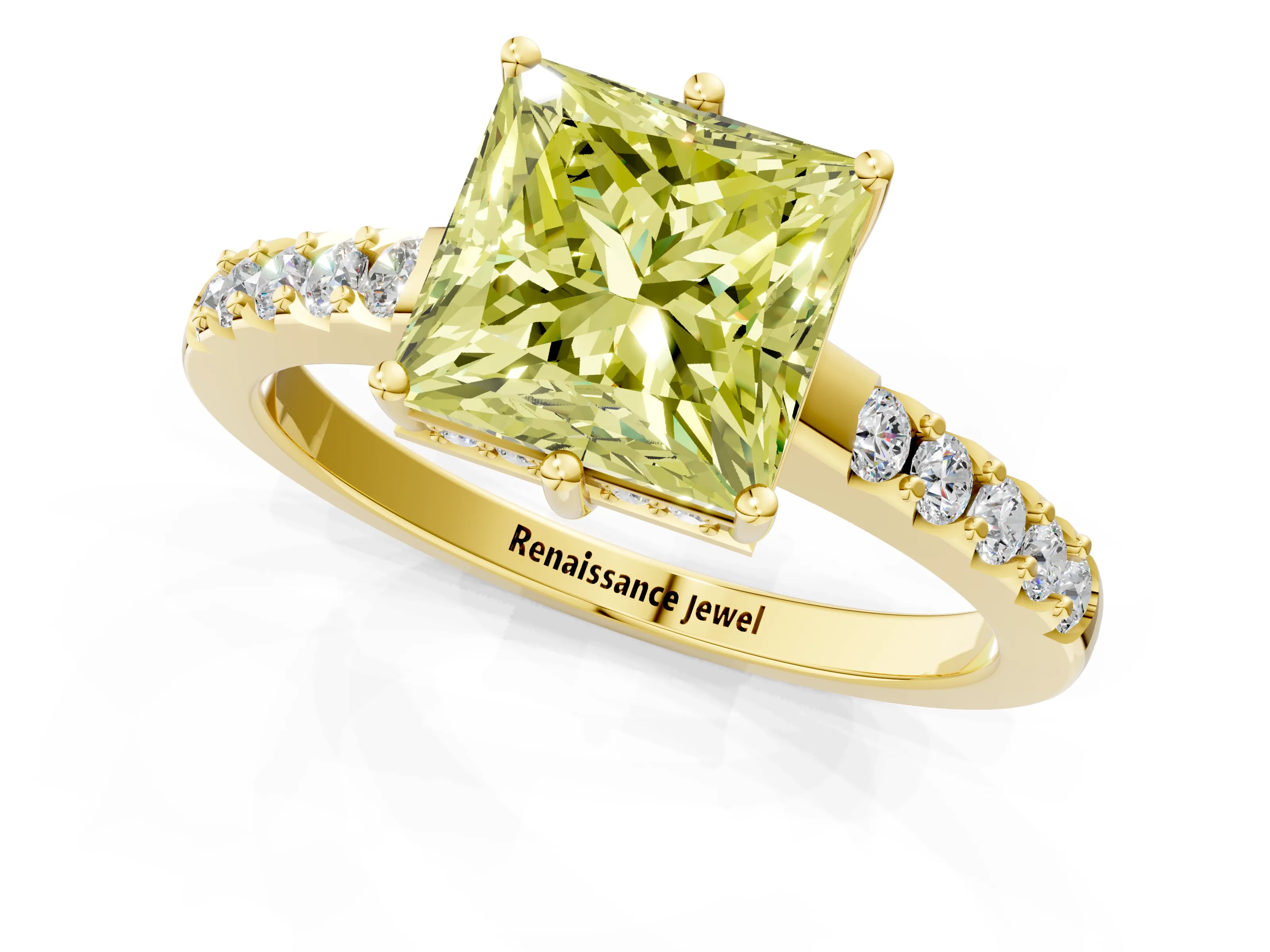 Yellow gold Fancy Yellow Princess Cut Solitaire Diamond Engagement Ring with Pavé Band and Six-Prong Setting_13