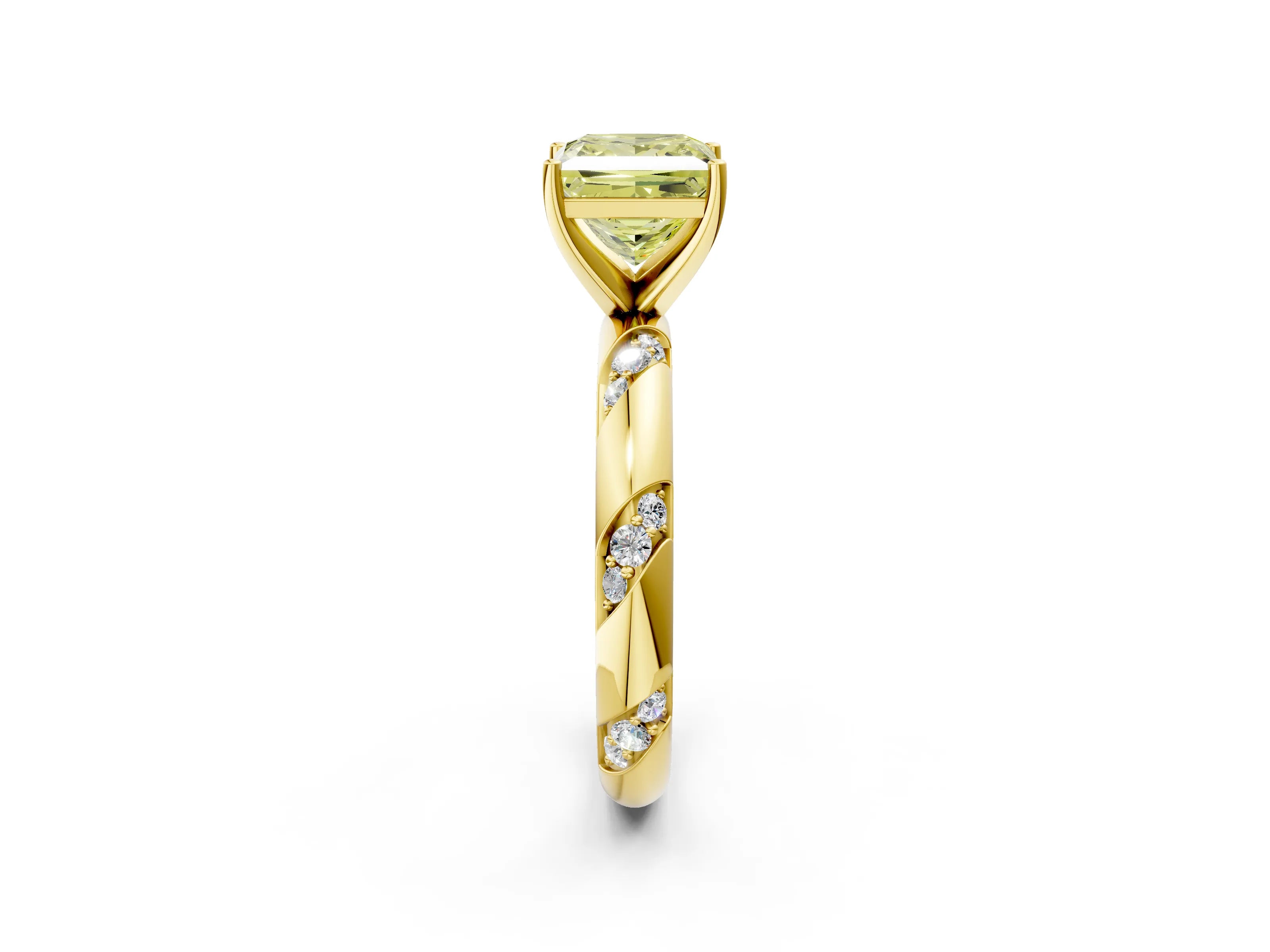 Yellow gold Fancy Yellow Princess Cut Solitaire Diamond Engagement Ring with Twisted Pave Band and Four-Prong Setting_5