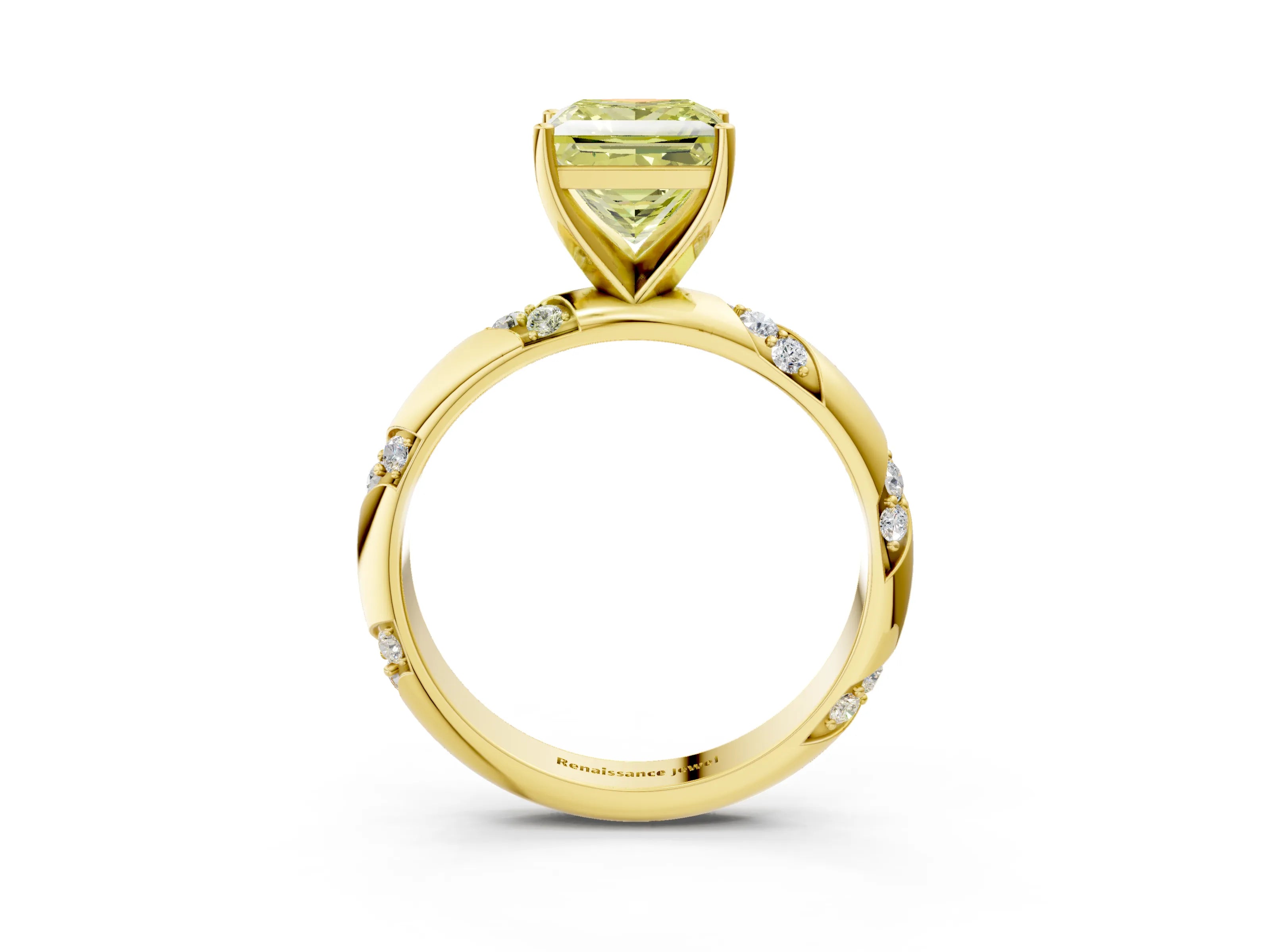 Yellow gold Fancy Yellow Princess Cut Solitaire Diamond Engagement Ring with Twisted Pave Band and Four-Prong Setting_6