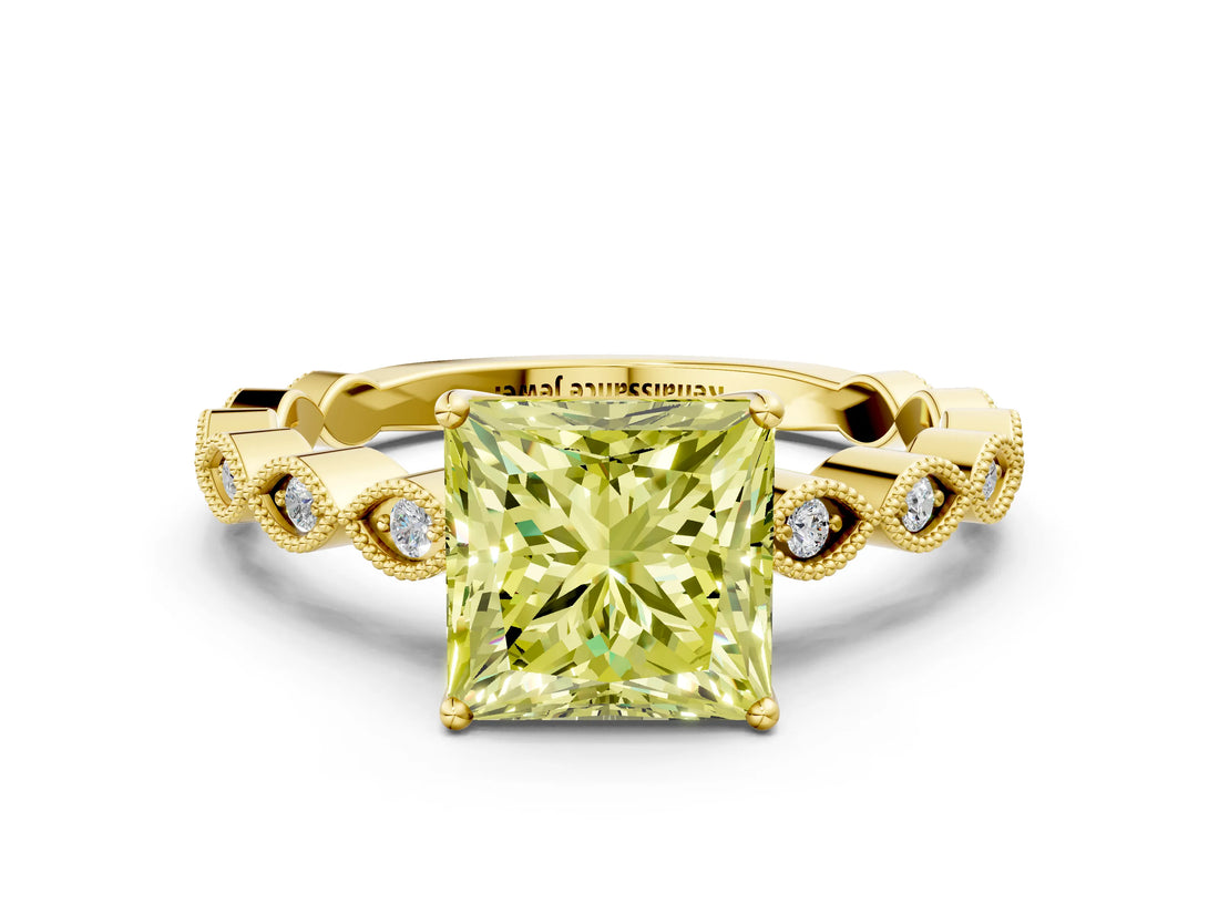 Yellow gold Fancy Yellow Princess Cut Solitaire Diamond Ring with Infinity Twist Band and Four-Prong Setting