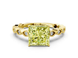 Yellow gold Fancy Yellow Princess Cut Solitaire Diamond Ring with Infinity Twist Band and Four-Prong Setting