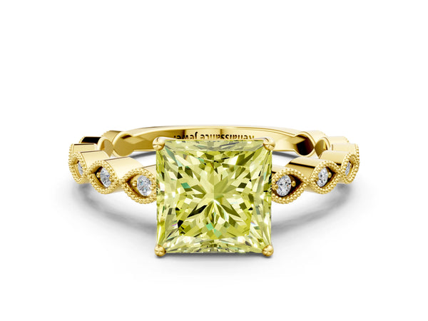 Yellow gold Fancy Yellow Princess Cut Solitaire Diamond Ring with Infinity Twist Band and Four-Prong Setting