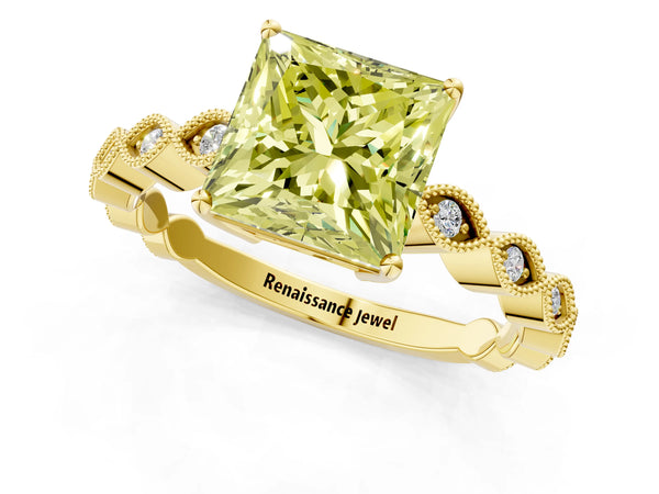 Yellow gold Fancy Yellow Princess Cut Solitaire Diamond Ring with Infinity Twist Band and Four-Prong Setting