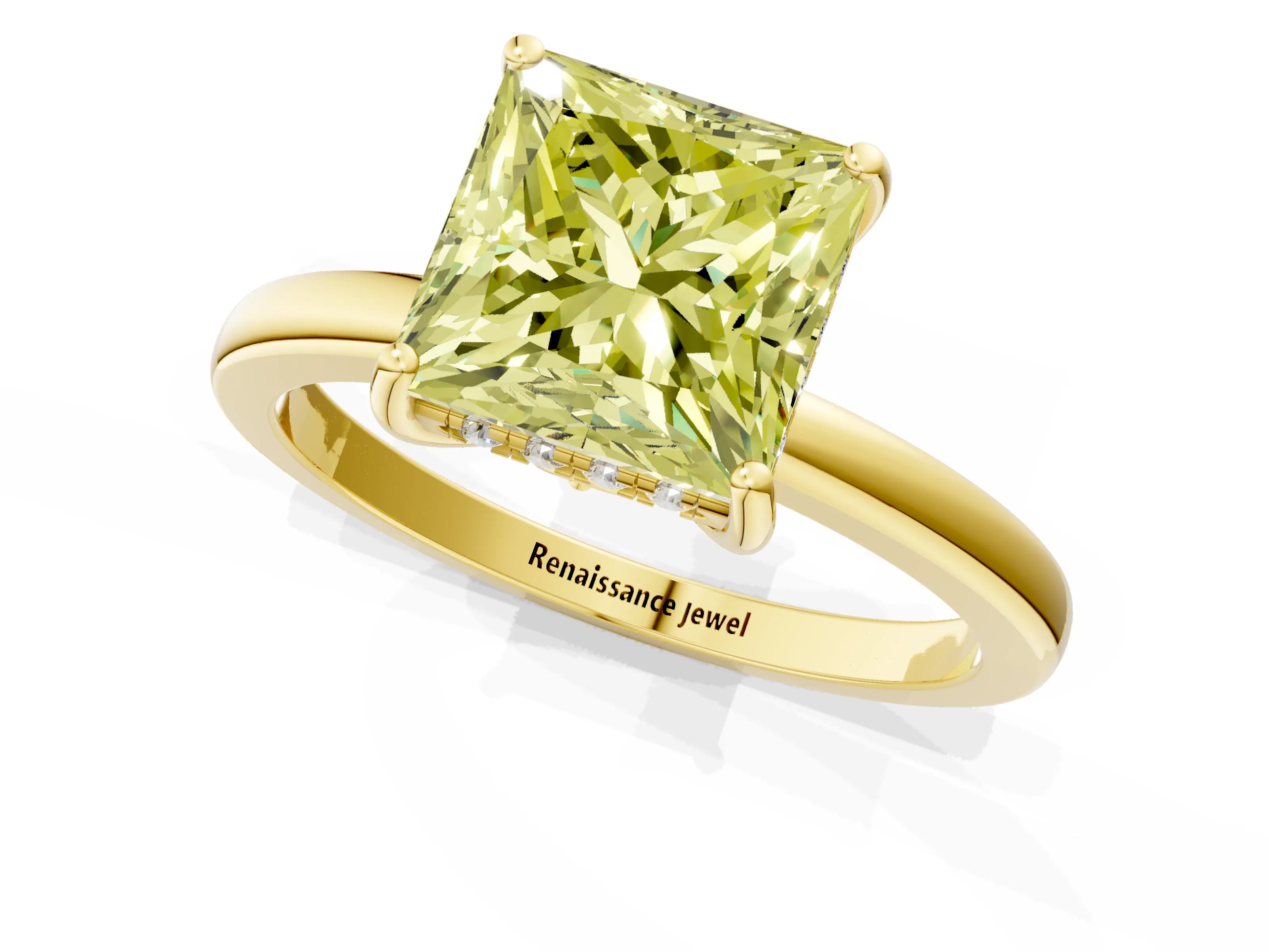 Yellow gold Fancy Yellow Princess Cut Solitaire Diamond Ring with Prong Setting and Plain Band_1