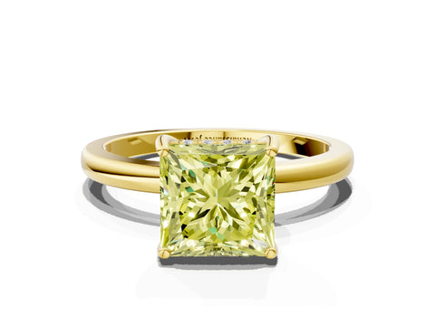 Yellow gold Fancy Yellow Princess Cut Solitaire Diamond Ring with Prong Setting and Plain Band