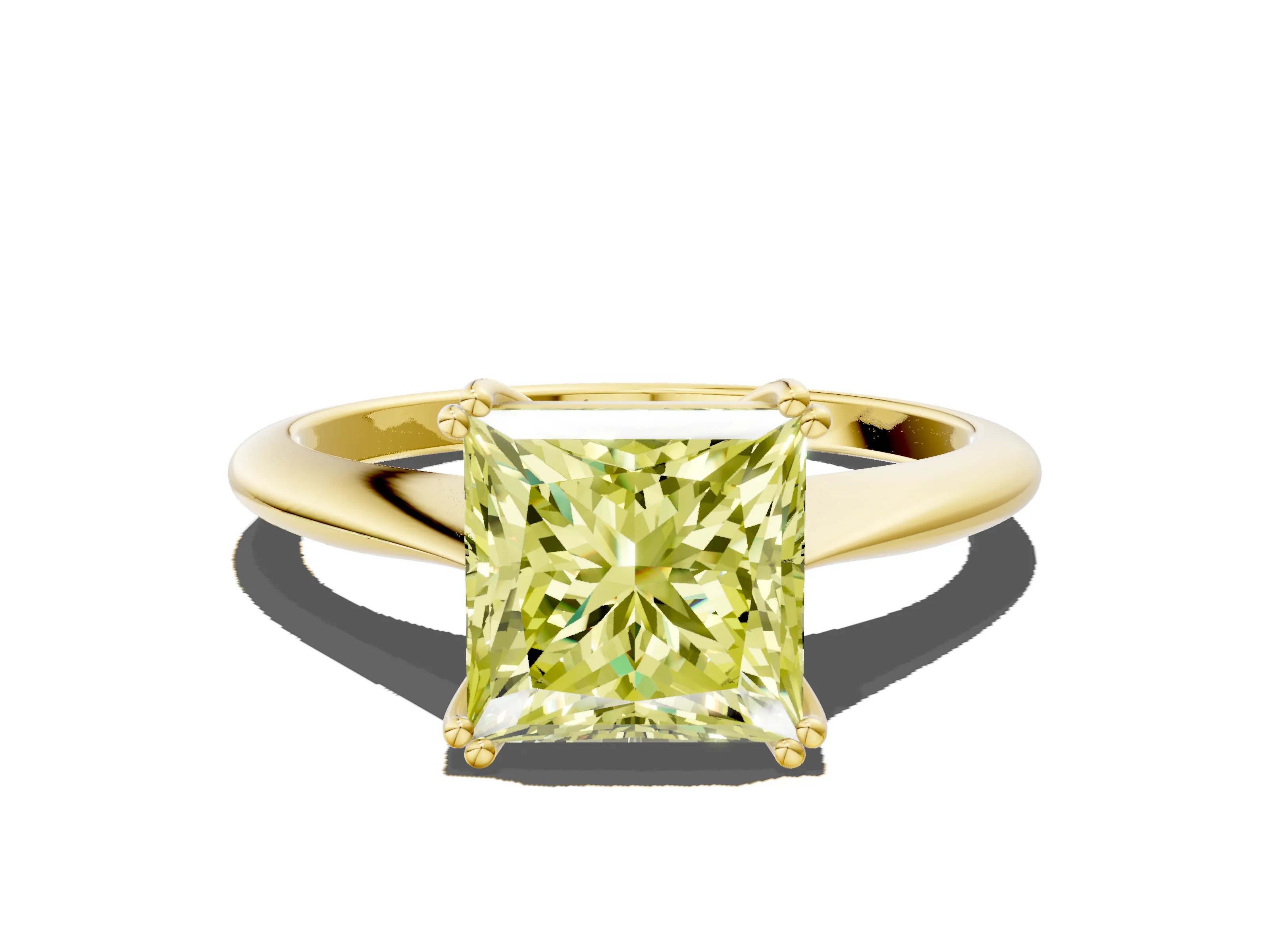 Yellow gold Fancy Yellow Princess Cut Solitaire Diamond Ring with Six-Prong Setting and Classic Band