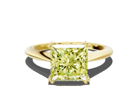 Yellow gold Fancy Yellow Princess Cut Solitaire Diamond Ring with Six-Prong Setting and Classic Band