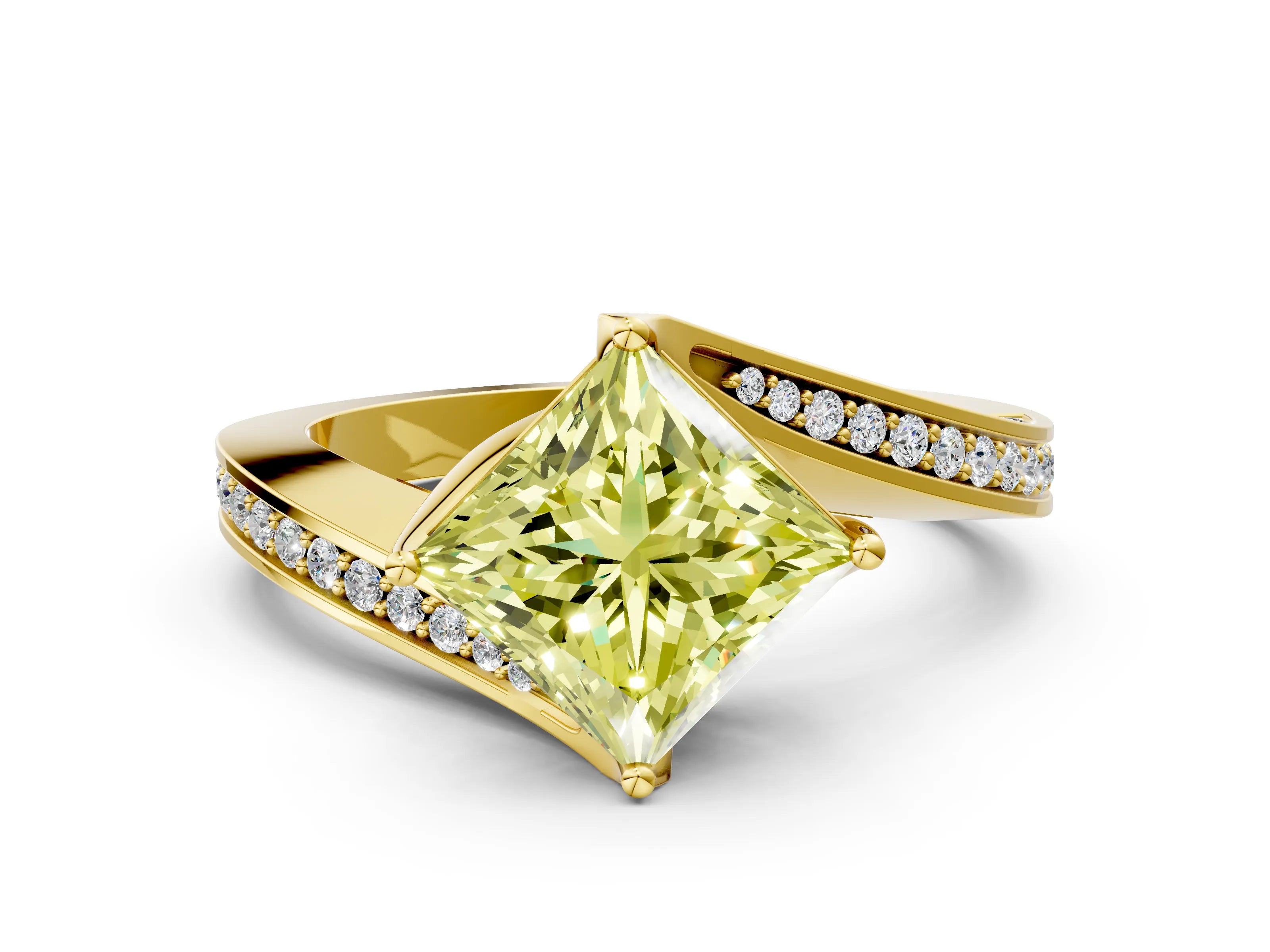 Yellow gold Fancy Yellow Princess Cut Solitaire Diamond Twist Band with Pavé Setting and Four-Prong Setting