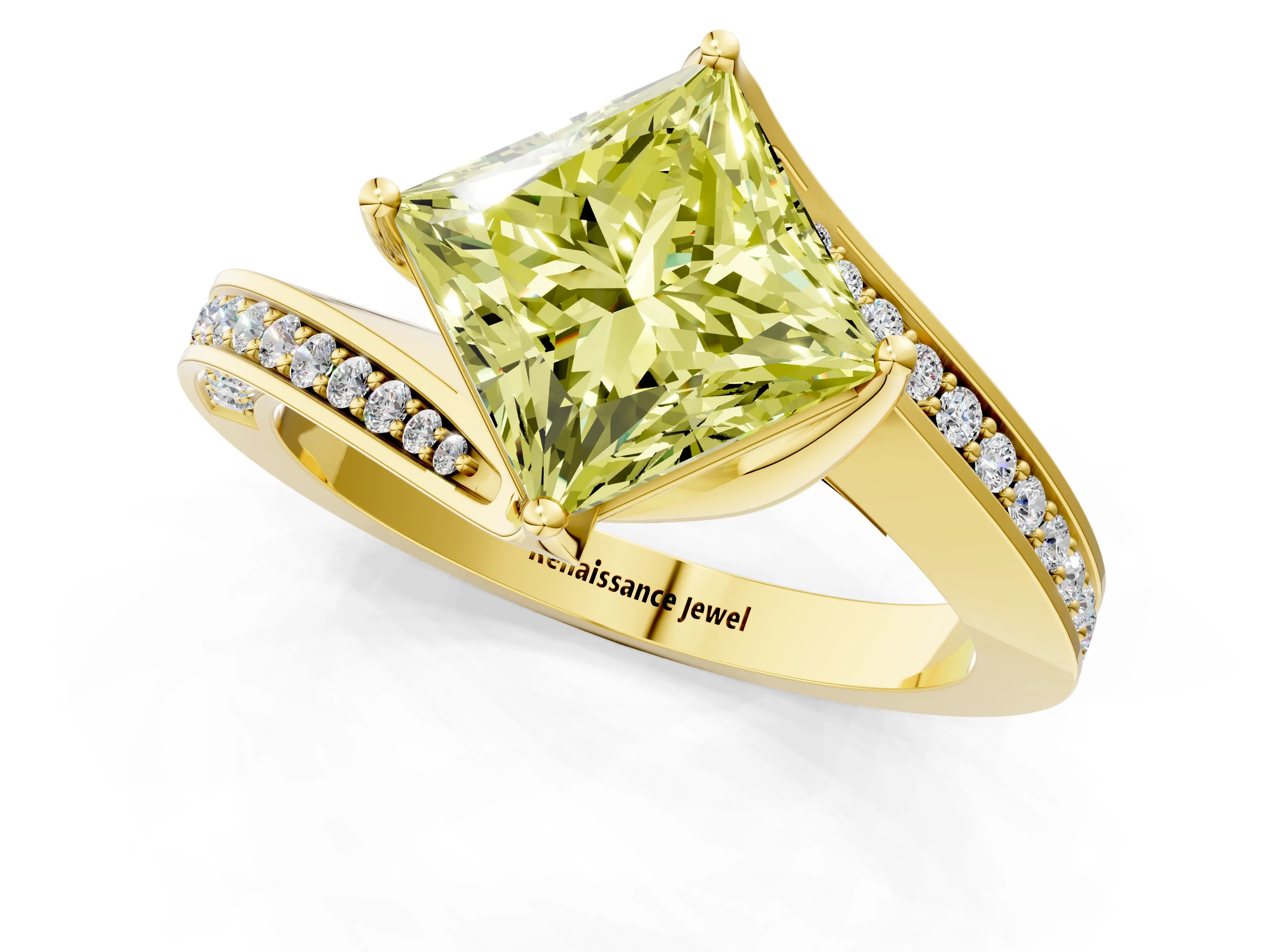 Yellow gold Fancy Yellow Princess Cut Solitaire Diamond Twist Band with Pavé Setting and Four-Prong Setting_1