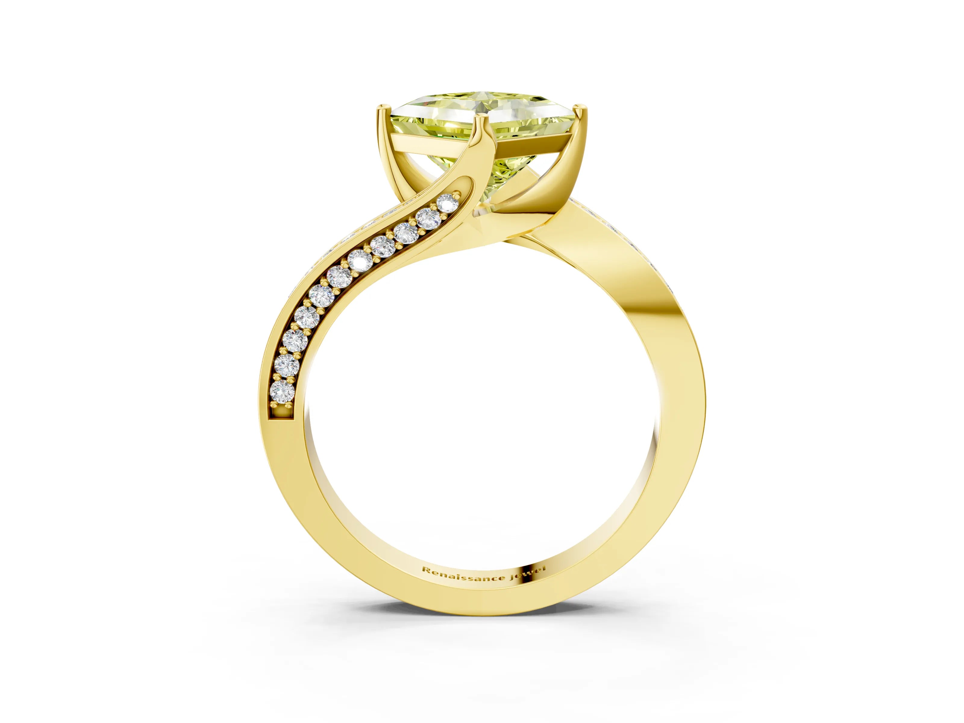 Yellow gold Fancy Yellow Princess Cut Solitaire Diamond Twist Band with Pavé Setting and Four-Prong Setting_3