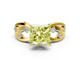 Yellow gold Fancy Yellow Princess  Cut Solitaire Diamond with Side Stones on Criss-Cross Band and Four-Prong Setting