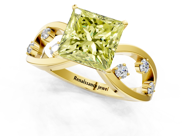 Yellow gold Fancy Yellow Princess  Cut Solitaire Diamond with Side Stones on Criss-Cross Band and Four-Prong Setting