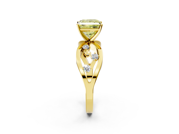 Yellow gold Fancy Yellow Princess  Cut Solitaire Diamond with Side Stones on Criss-Cross Band and Four-Prong Setting