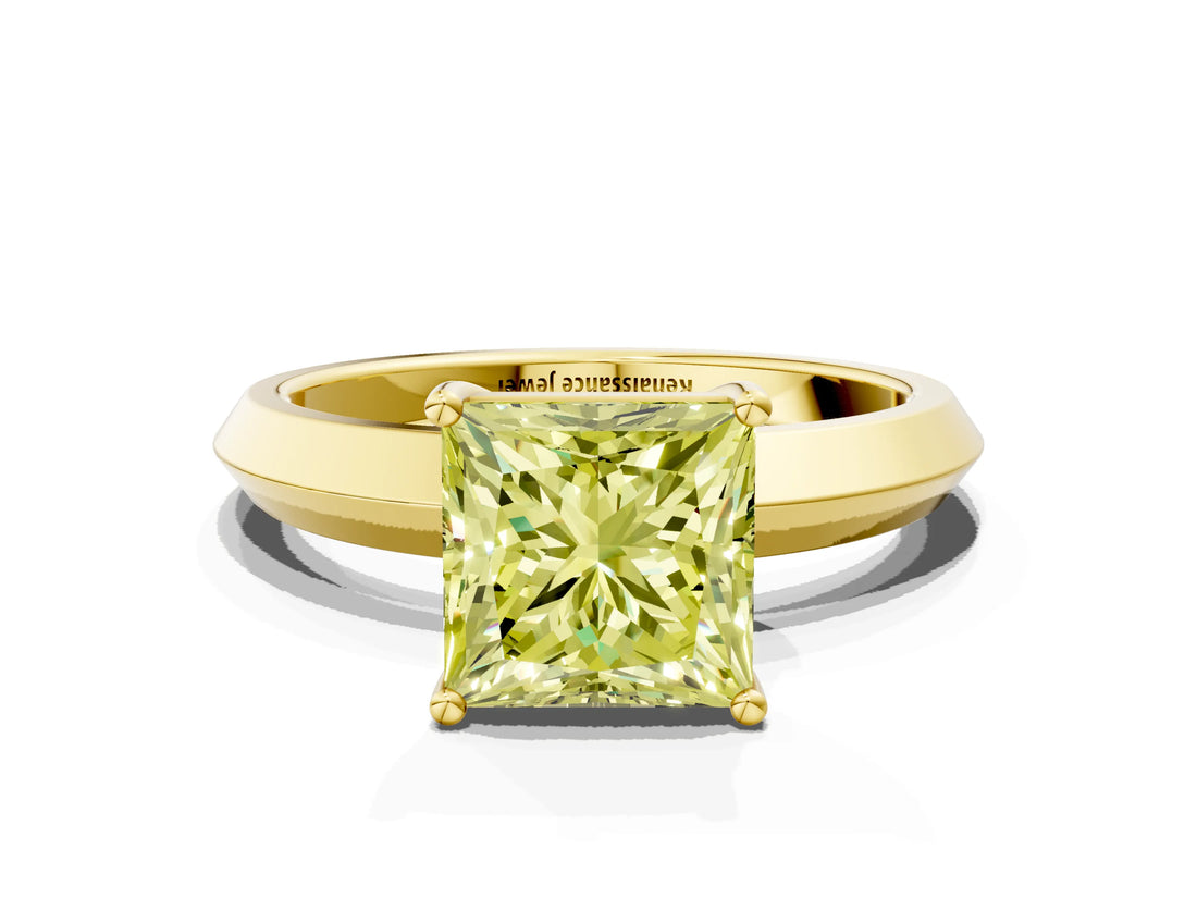 Yellow gold Fancy Yellow Princess  Cut Solitaire Engagement Ring with Flat Band and Four-Prong Setting