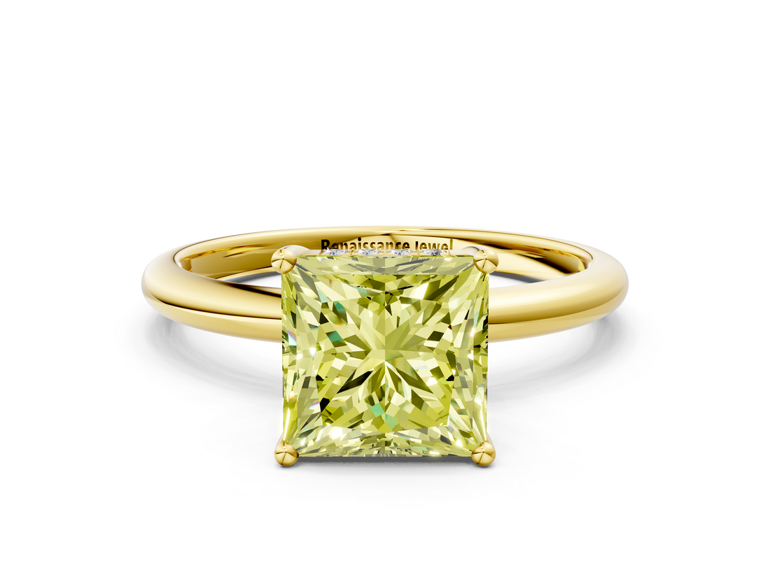 Yellow gold Fancy Yellow Princess  Cut Solitaire Engagement Ring with Four-Prong Setting and Classic Band