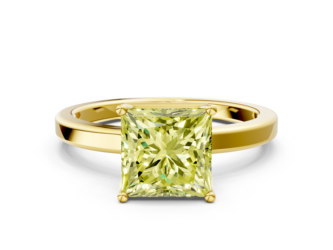 Yellow gold Fancy Yellow Princess  Cut Solitaire Engagement Ring with Four-Prong Setting on a Classic Band