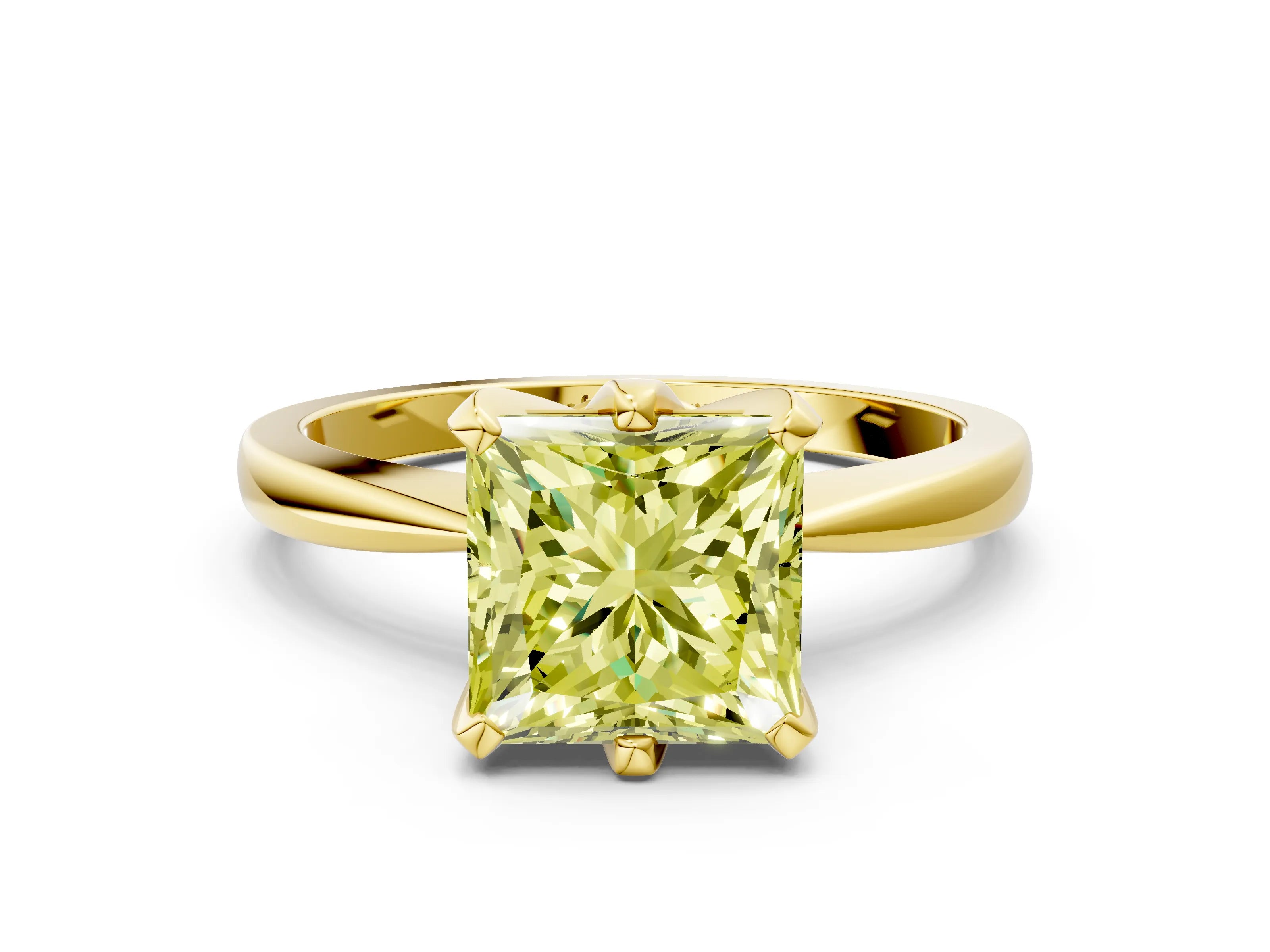 Yellow gold Fancy Yellow Princess Cut Solitaire Engagement Ring with Six-Prong Setting and Tapered Band