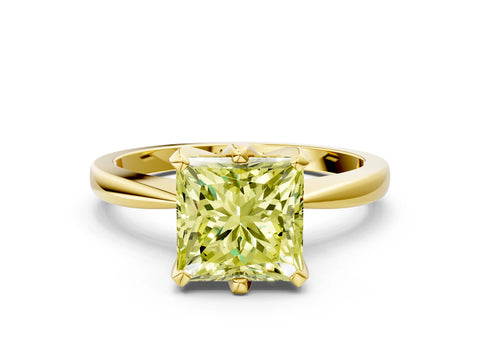 Yellow gold Fancy Yellow Princess Cut Solitaire Engagement Ring with Six-Prong Setting and Tapered Band