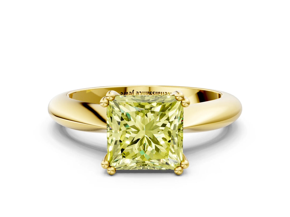 Yellow gold Fancy Yellow Princess  Cut Solitaire Engagement Ring with Tapered Band and Four-Prong Setting