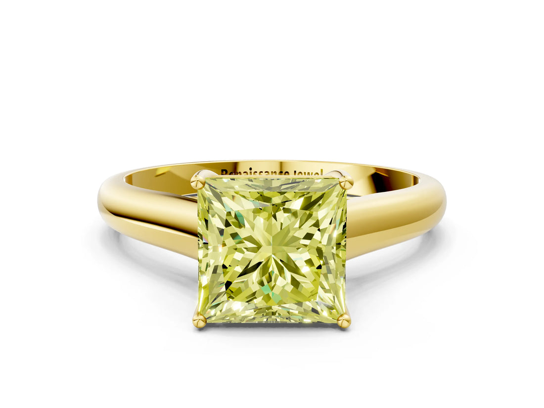 Yellow gold Fancy Yellow Princess Cut Solitaire Engagement Ring with Tapered Band and Four-Prong Setting_3