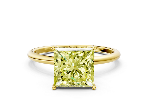 Yellow gold Fancy Yellow Princess  Cut Solitaire Engagement Ring with Thin Band and Four-Prong Setting