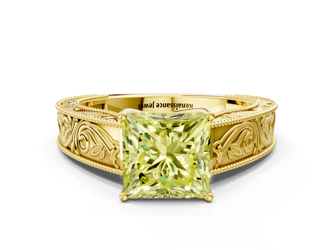 Yellow gold Fancy Yellow Princess  Cut Solitaire Engraved Band with Four-Prong Setting