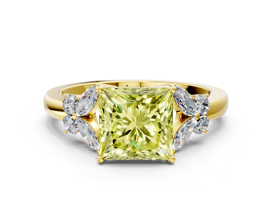 Yellow gold Fancy Yellow Princess  Cut Solitaire Floral Diamond Ring with Four-Prong Setting