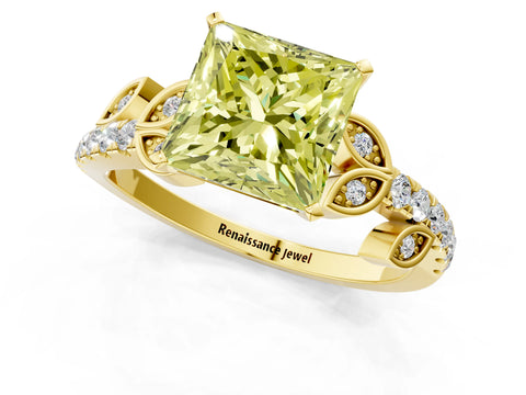 Yellow gold Fancy Yellow Princess Cut Solitaire Leaf-Inspired Diamond Ring with Pavé Band and Four-Prong Setting_1