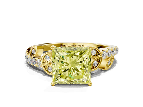 Yellow gold Fancy Yellow Princess Cut Solitaire Leaf-Inspired Diamond Ring with Pavé Band and Four-Prong Setting_20
