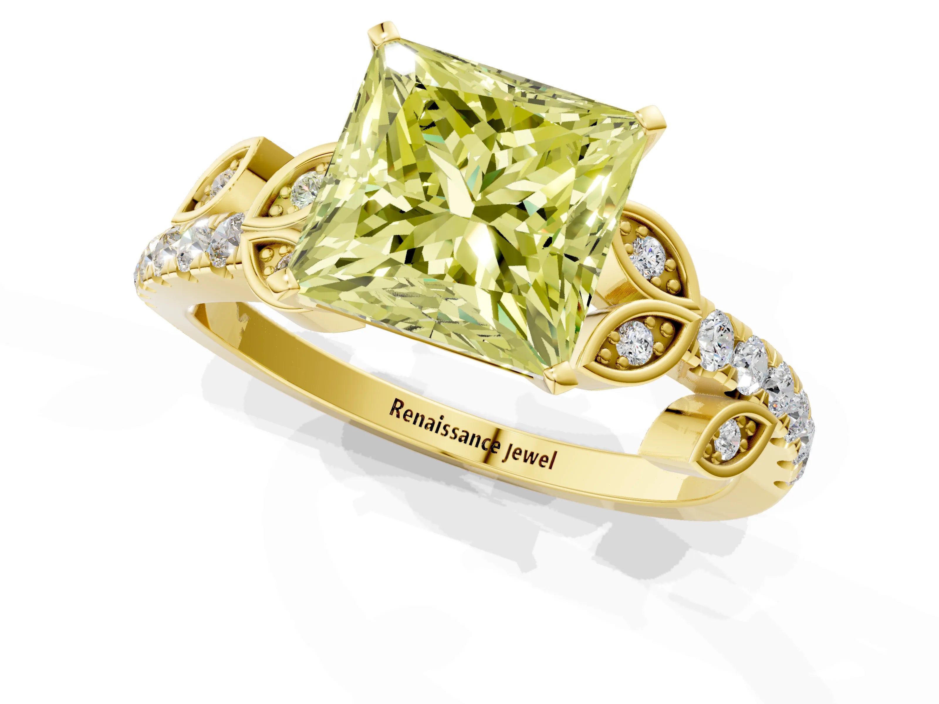 Yellow gold Fancy Yellow Princess Cut Solitaire Leaf-Inspired Diamond Ring with Pavé Band and Four-Prong Setting_21