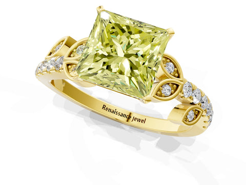 Yellow gold Fancy Yellow Princess Cut Solitaire Leaf-Inspired Diamond Ring with Pavé Band and Four-Prong Setting_21